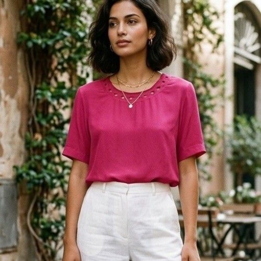 VTG TESS 100% Silk Blouse Large Pink Magenta Cutout Embroidered Lattice Neck